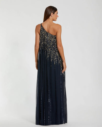 Mac Duggal Navy One Shoulder Embellished Trapeze Gown