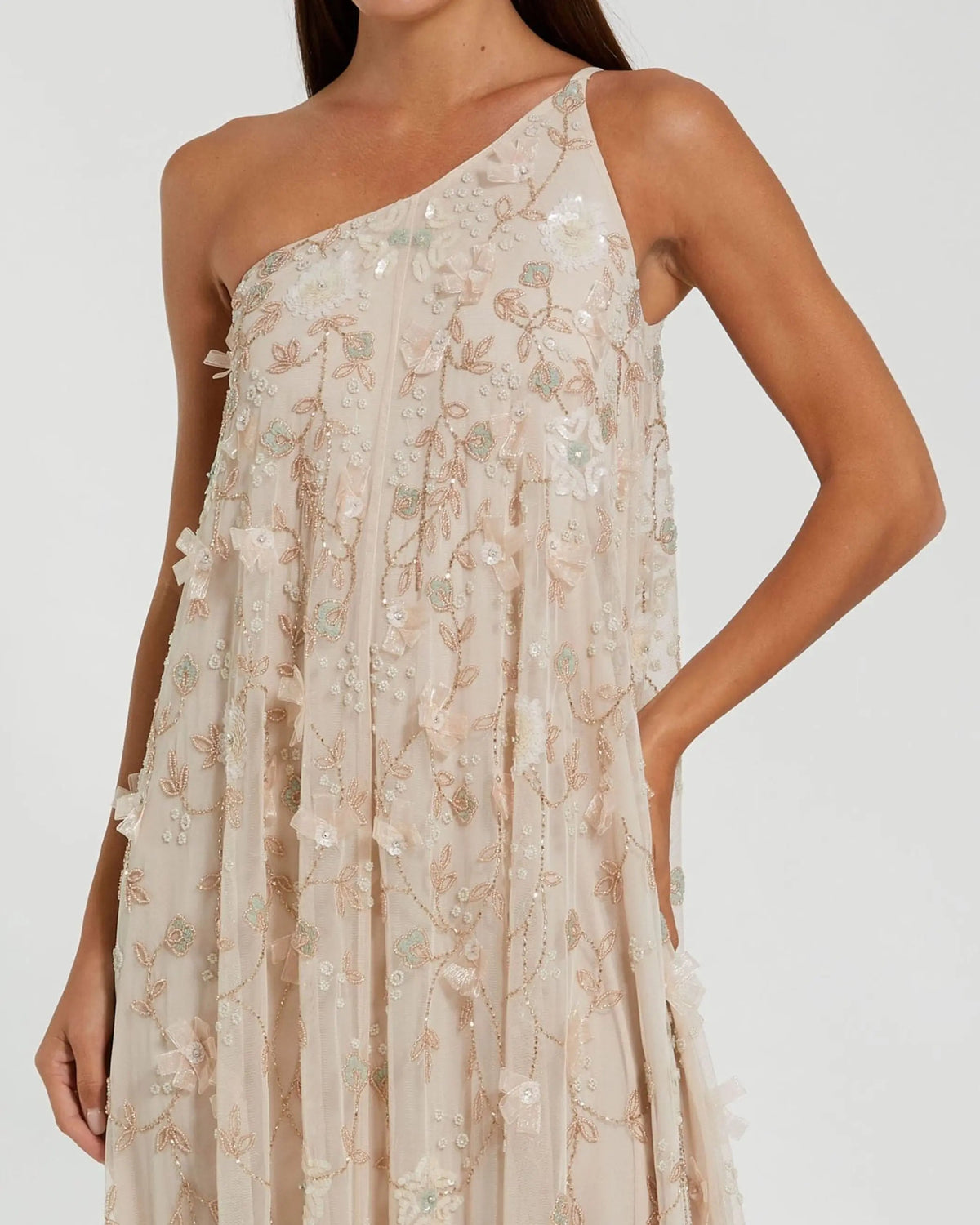Mac Duggal Beige One Shoulder Floral Embellished Trapeze Gown