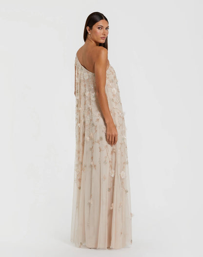Mac Duggal Beige One Shoulder Floral Embellished Trapeze Gown