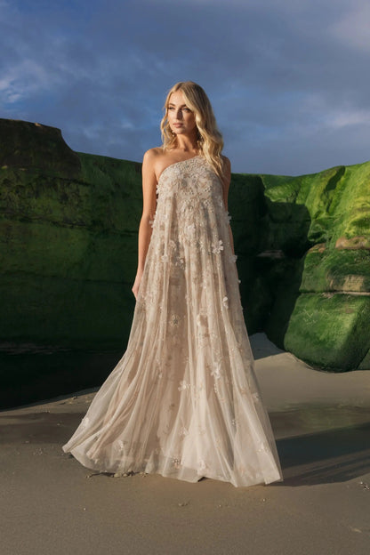 Mac Duggal Beige One Shoulder Floral Embellished Trapeze Gown