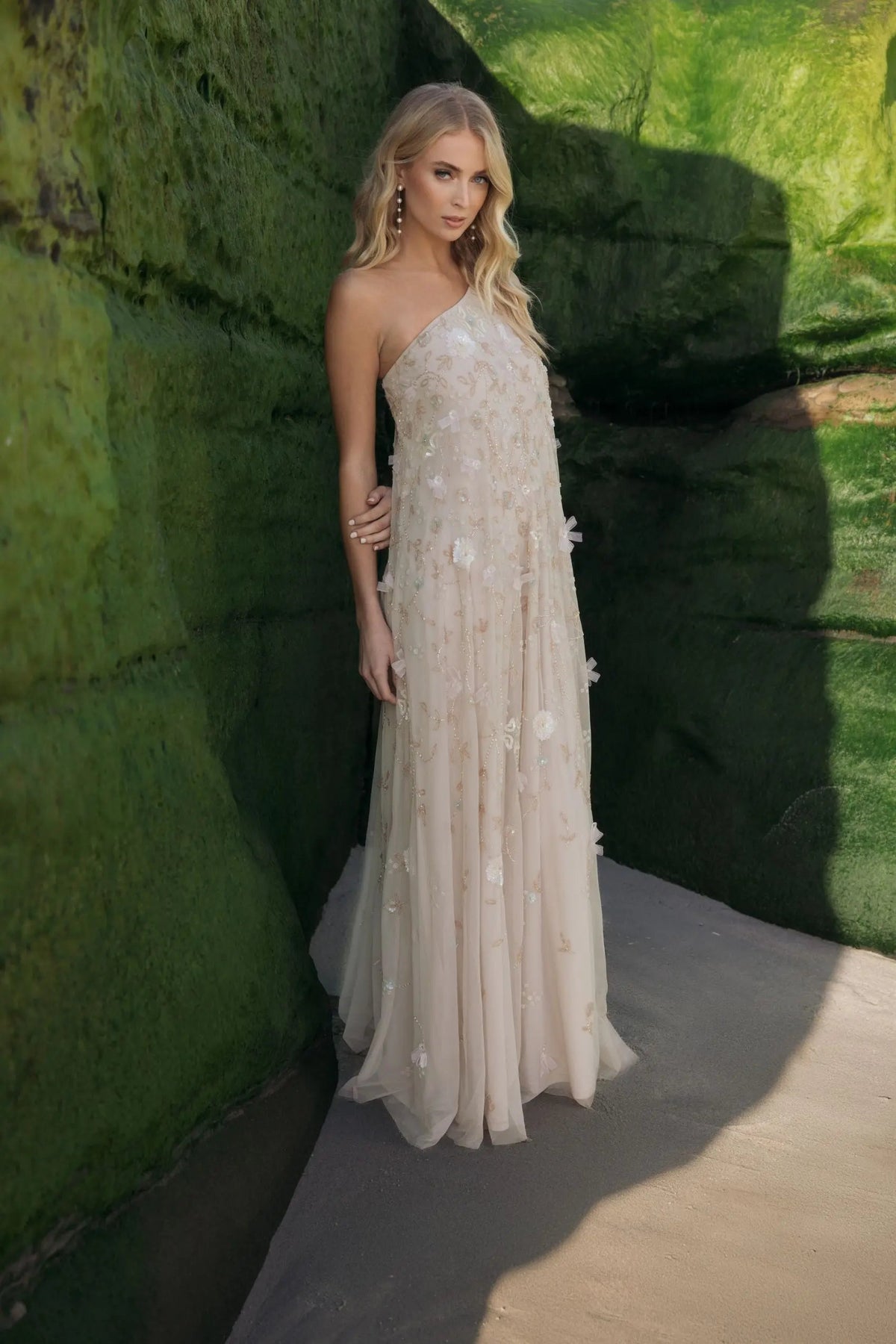 Mac Duggal Beige One Shoulder Floral Embellished Trapeze Gown
