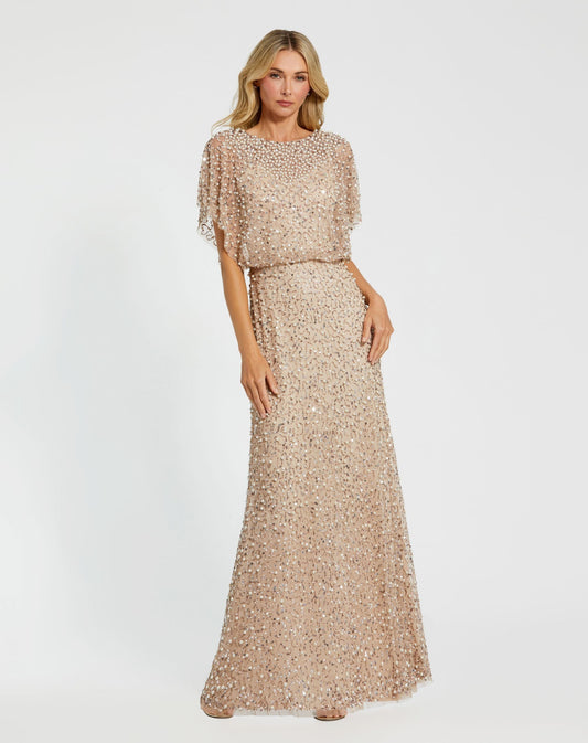 Mac Duggal Petite Beige High Neck Short Sleeve Embellished Gown