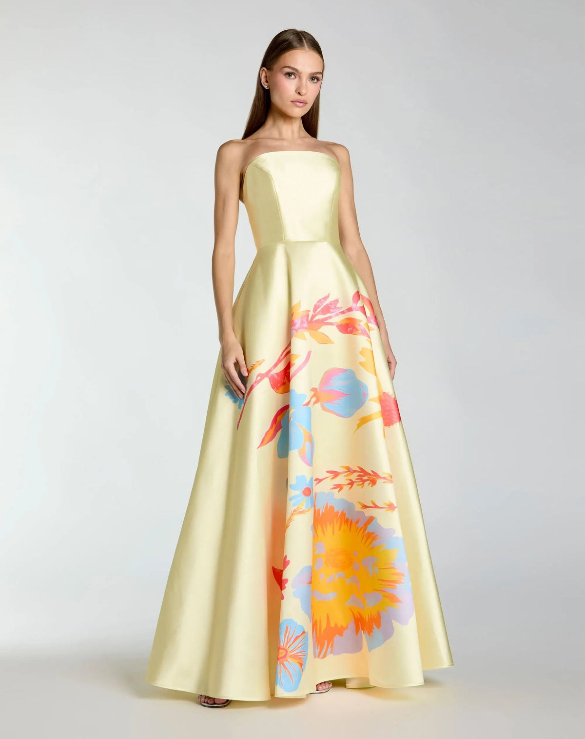 Mac Duggal Yellow Strapless Mikado Ball Gown With Floral Print