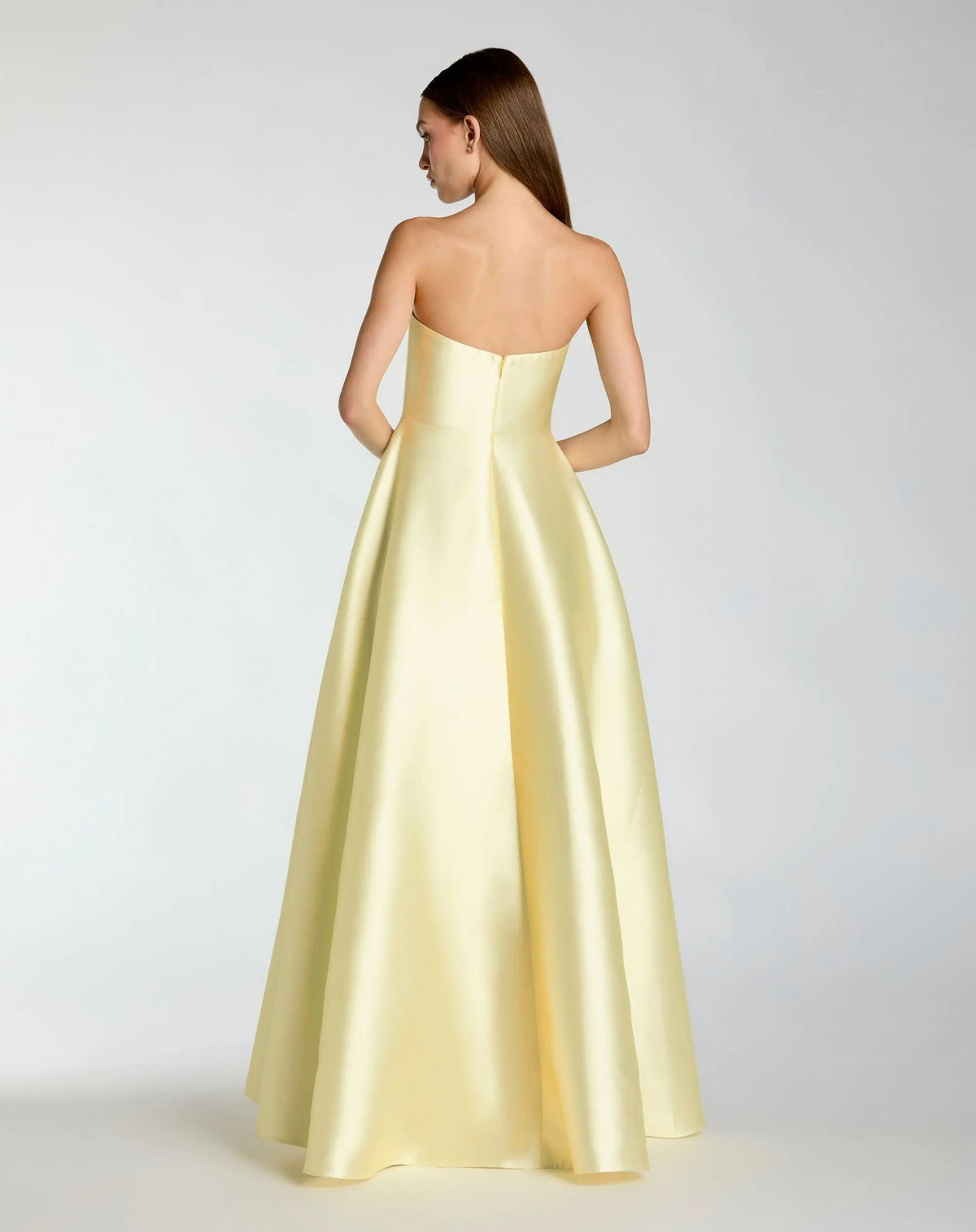 Mac Duggal Yellow Strapless Mikado Ball Gown With Floral Print