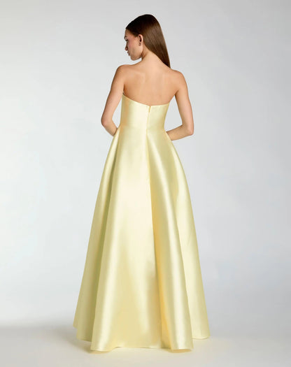 Mac Duggal Yellow Strapless Mikado Ball Gown With Floral Print