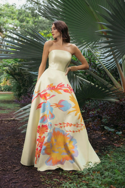 Mac Duggal Yellow Strapless Mikado Ball Gown With Floral Print