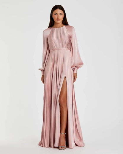 Mac Duggal Petite Pink Pleated High Neck Raglan Long Sleeve Side Slit Gown