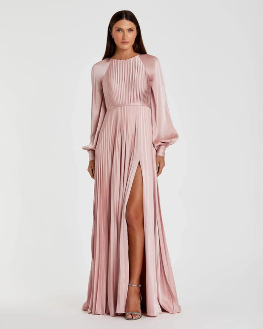 Mac Duggal Petite Pink Pleated High Neck Raglan Long Sleeve Side Slit Gown