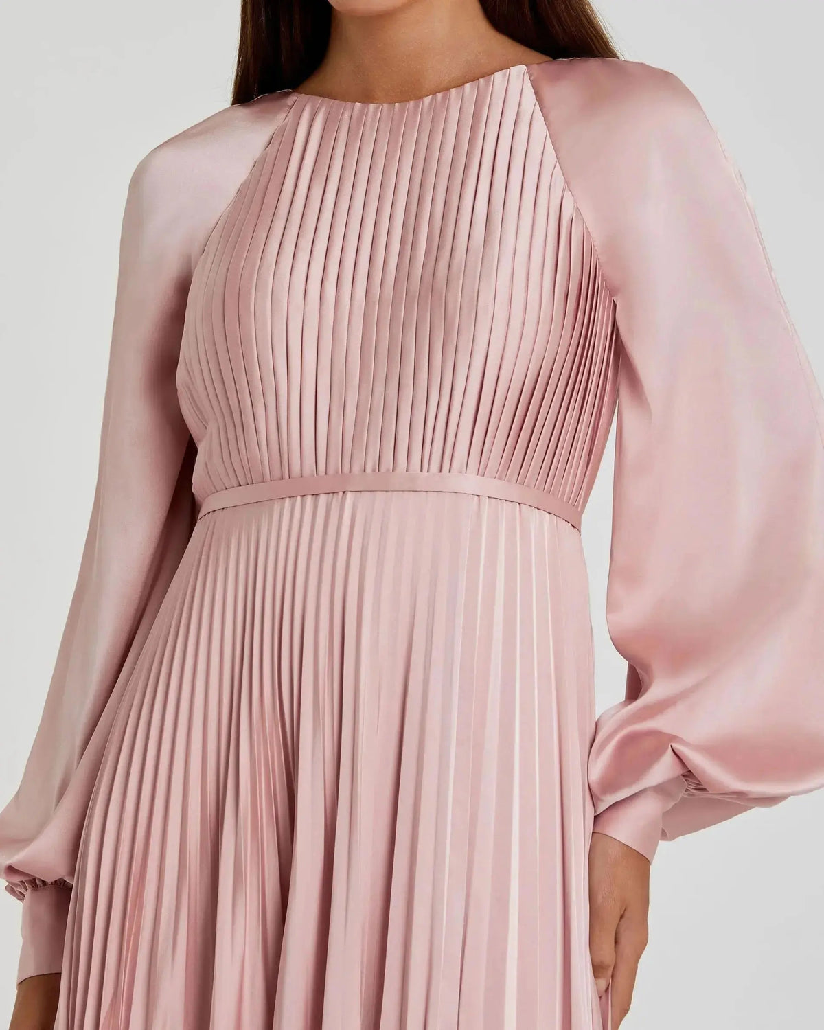 Mac Duggal Petite Pink Pleated High Neck Raglan Long Sleeve Side Slit Gown