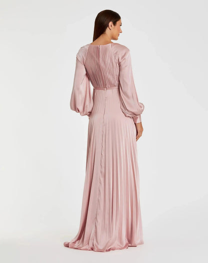 Mac Duggal Petite Pink Pleated High Neck Raglan Long Sleeve Side Slit Gown
