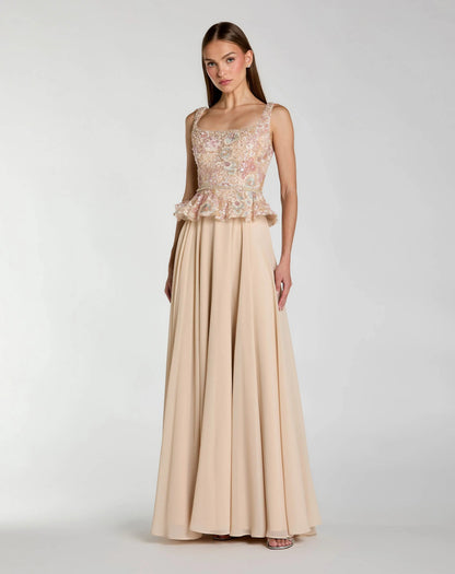 Mac Duggal Petite Beige Embroidered Peplum Top With Chiffon Skirt Gown
