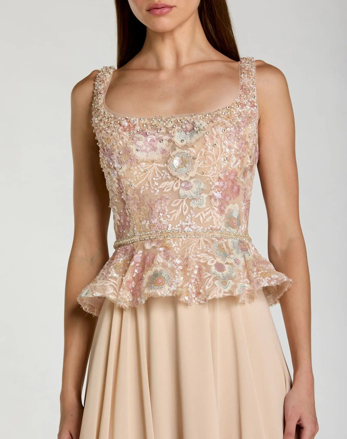 Mac Duggal Petite Beige Embroidered Peplum Top With Chiffon Skirt Gown