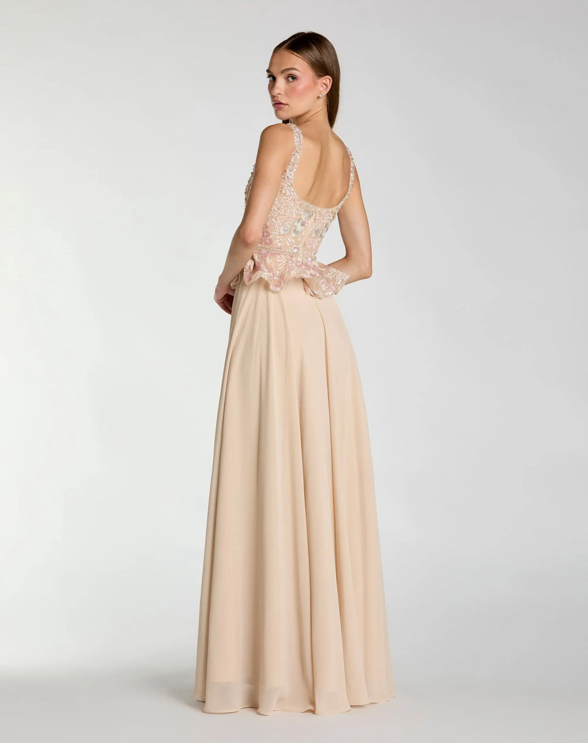Mac Duggal Petite Beige Embroidered Peplum Top With Chiffon Skirt Gown