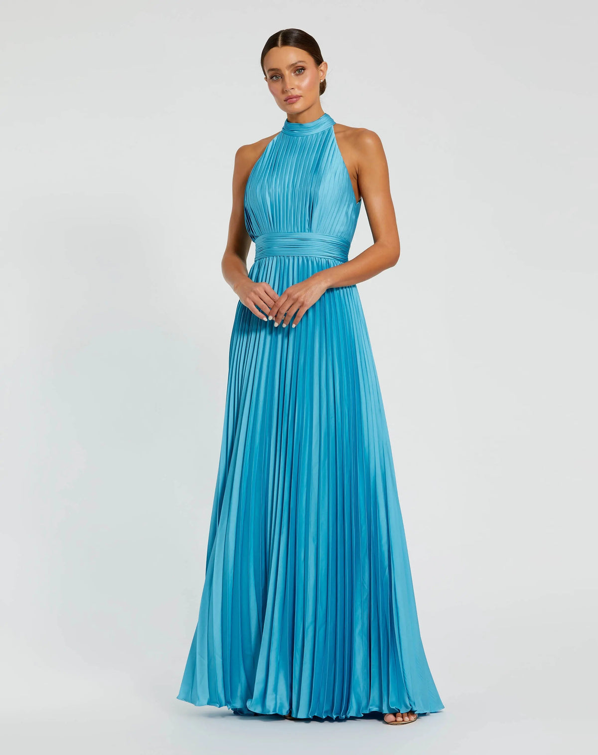 Mac Duggal Blue Sleeveless Halter Neck Pleated Satin Gown