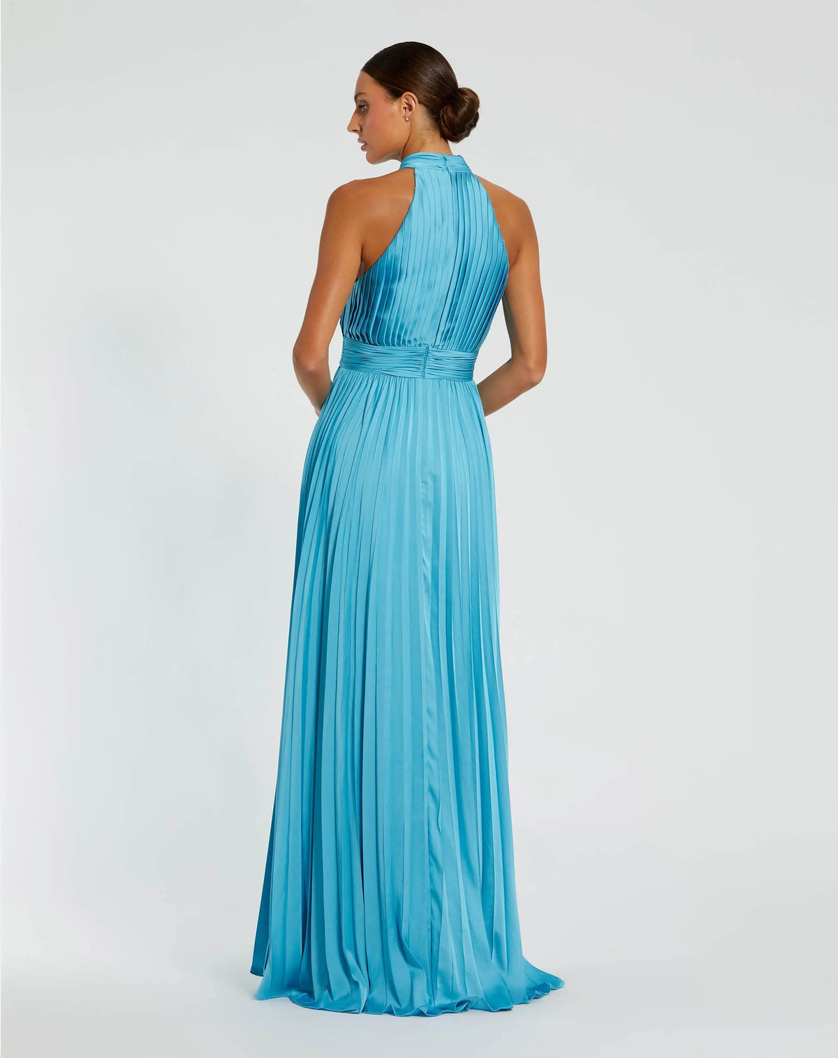 Mac Duggal Blue Sleeveless Halter Neck Pleated Satin Gown