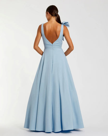 Mac Duggal Petite Light Blue Sleeveless Plunge Neck Ball Gown With Bow Detail