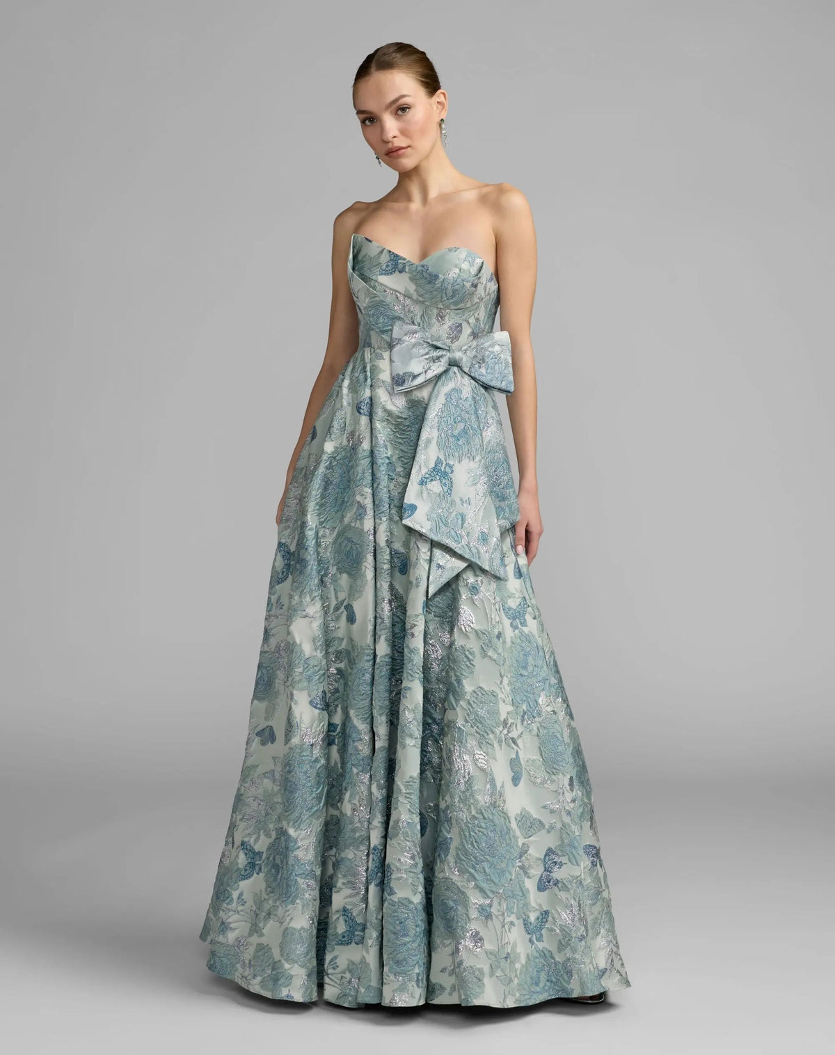 Mac Duggal Blue Strapless Floral Brocade Ball Gown With Bow Detail