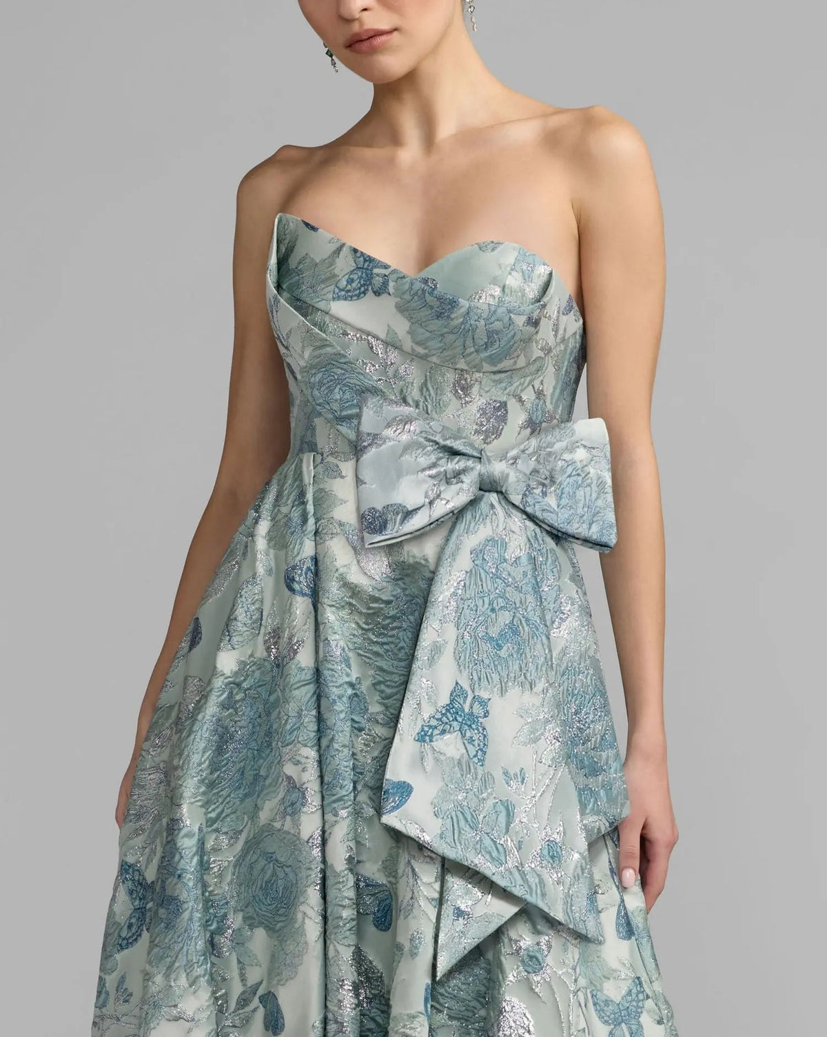 Mac Duggal Blue Strapless Floral Brocade Ball Gown With Bow Detail