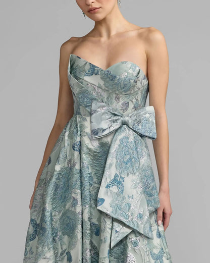 Mac Duggal Blue Strapless Floral Brocade Ball Gown With Bow Detail