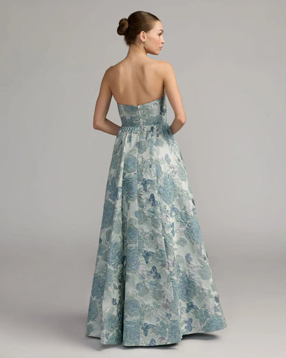 Mac Duggal Blue Strapless Floral Brocade Ball Gown With Bow Detail