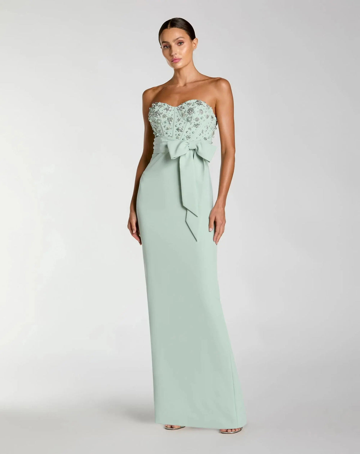 Mac Duggal Green Strapless Embellished Bustier Gown with Bow