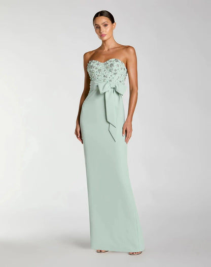 Mac Duggal Green Strapless Embellished Bustier Gown with Bow