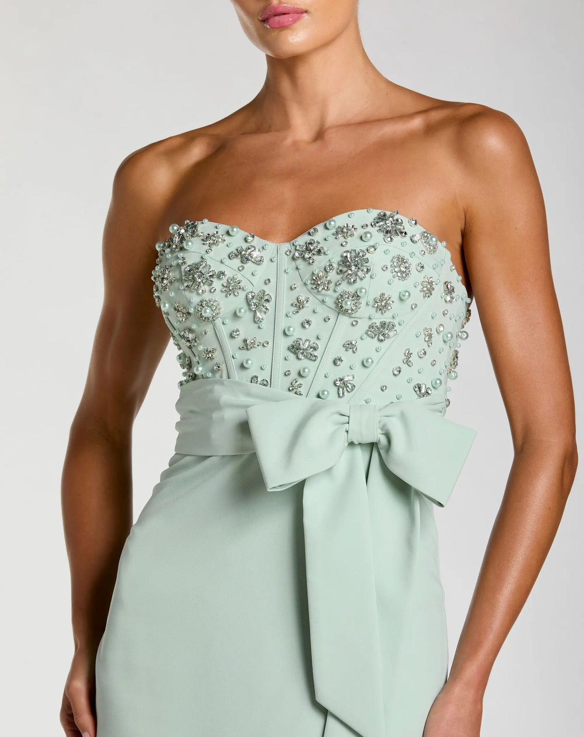 Mac Duggal Green Strapless Embellished Bustier Gown with Bow