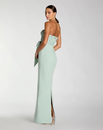 Mac Duggal Green Strapless Embellished Bustier Gown with Bow