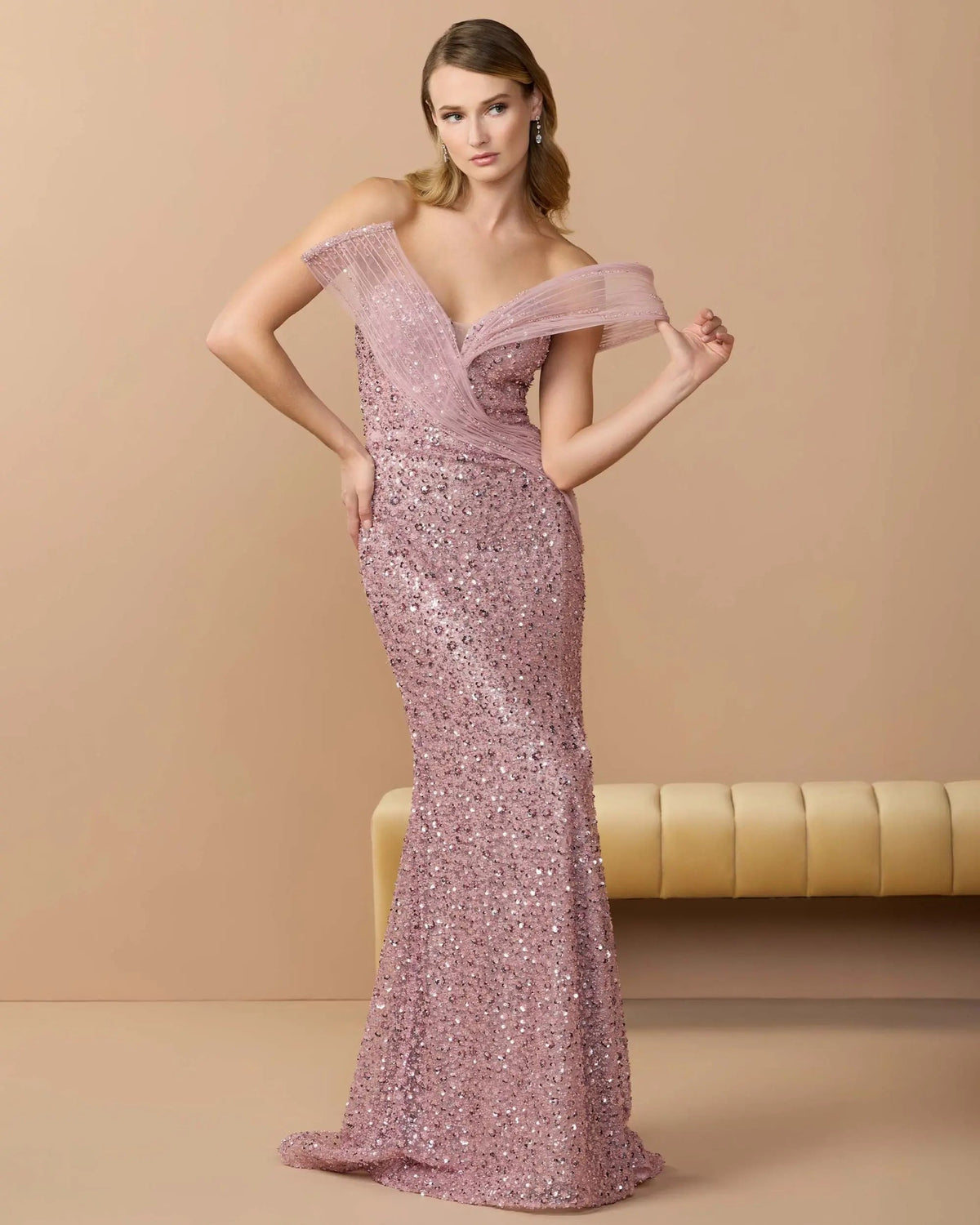 Mac Duggal Pink Embellished Strapless Gown With Sculptural Drape