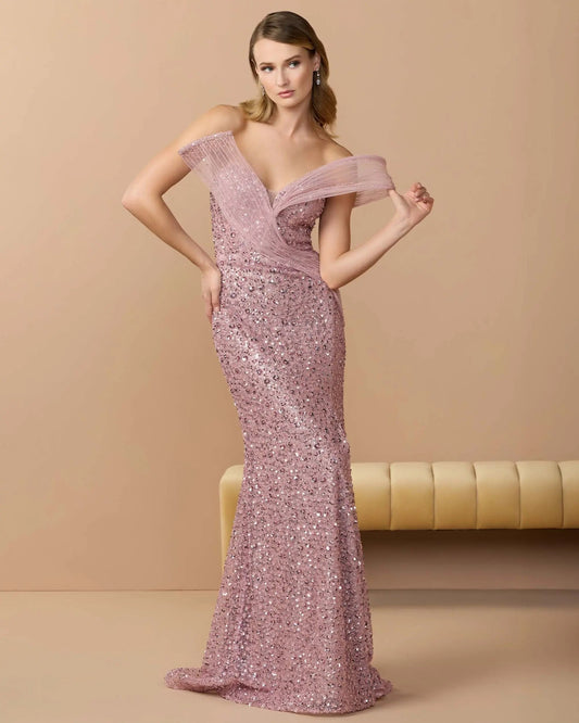 Mac Duggal Pink Embellished Strapless Gown With Sculptural Drape