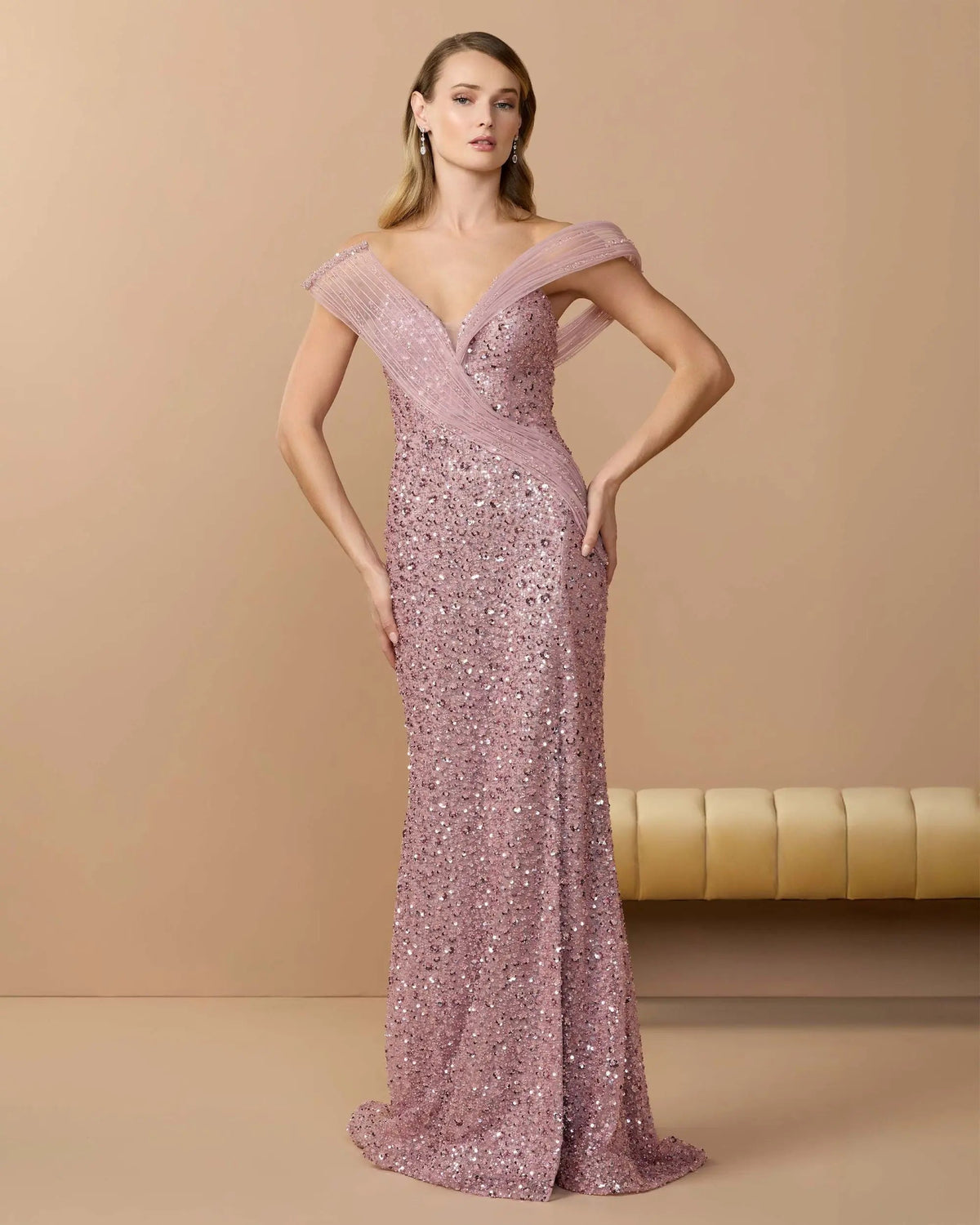 Mac Duggal Pink Embellished Strapless Gown With Sculptural Drape