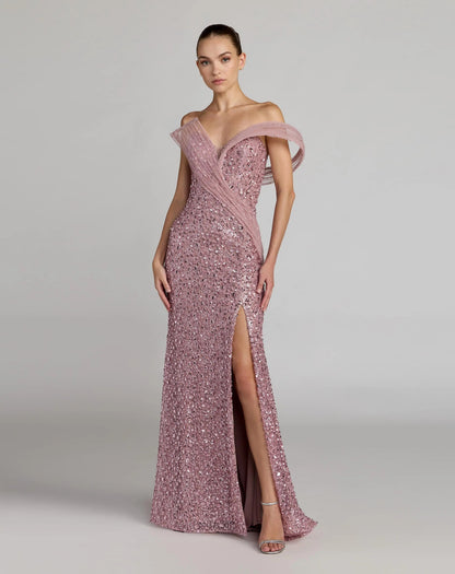 Mac Duggal Pink Embellished Strapless Gown With Sculptural Drape