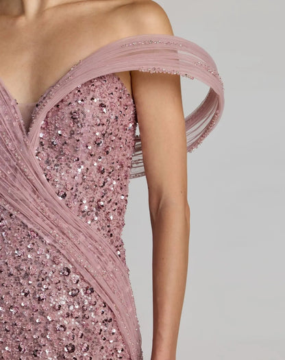 Mac Duggal Pink Embellished Strapless Gown With Sculptural Drape