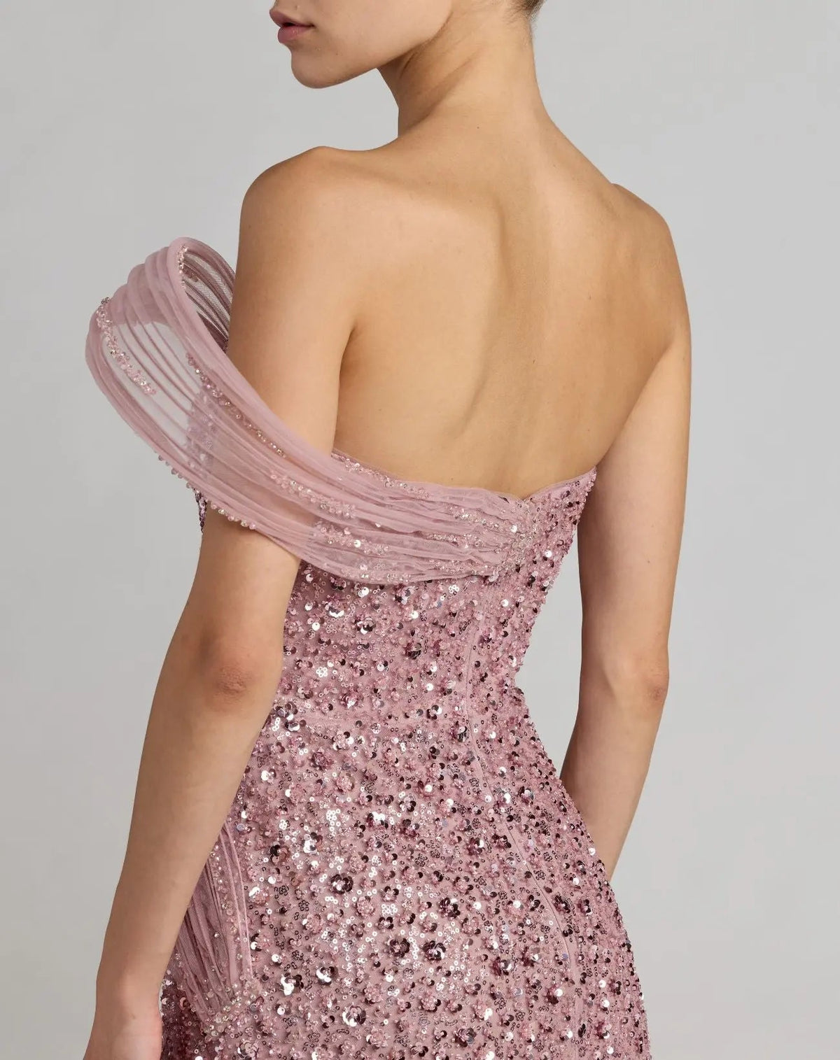 Mac Duggal Pink Embellished Strapless Gown With Sculptural Drape