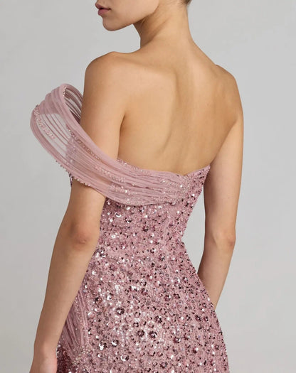 Mac Duggal Pink Embellished Strapless Gown With Sculptural Drape