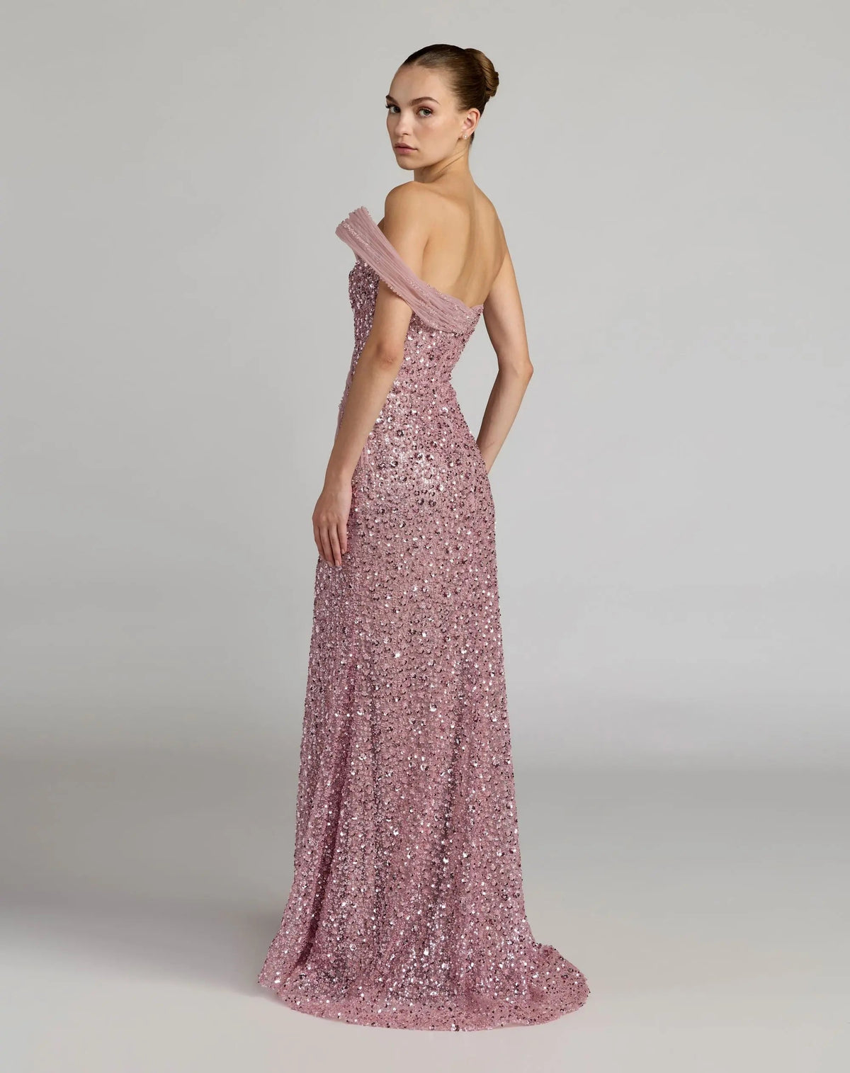 Mac Duggal Pink Embellished Strapless Gown With Sculptural Drape