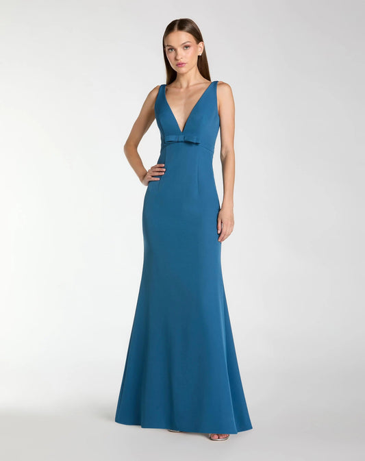 Mac Duggal Blue Crepe V-Neck Mermaid Gown With Bow