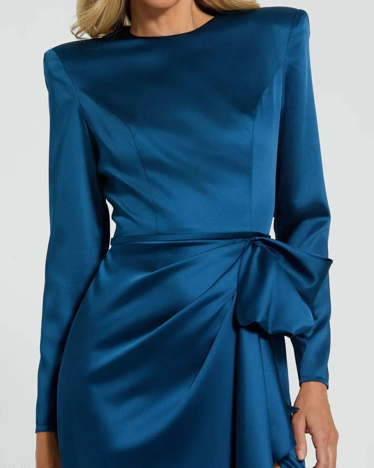 Mac Duggal Petite Blue Long Sleeve Satin Structured Bow Draped Column Gown