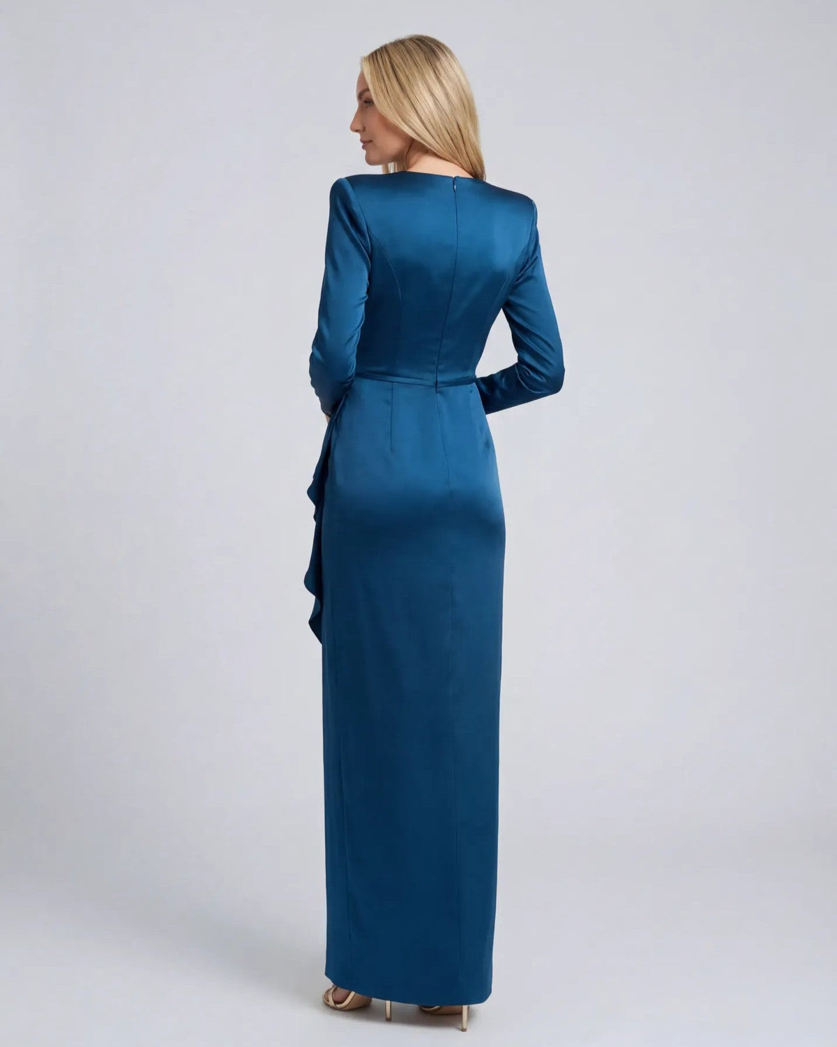 Mac Duggal Petite Blue Long Sleeve Satin Structured Bow Draped Column Gown