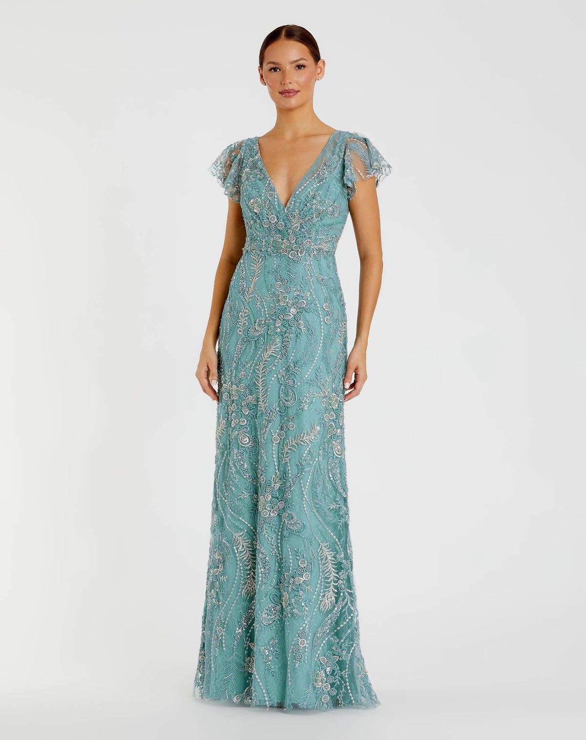 Mac Duggal Petite Blue V-Neck Flutter Sleeve Embroidered Lace Gown