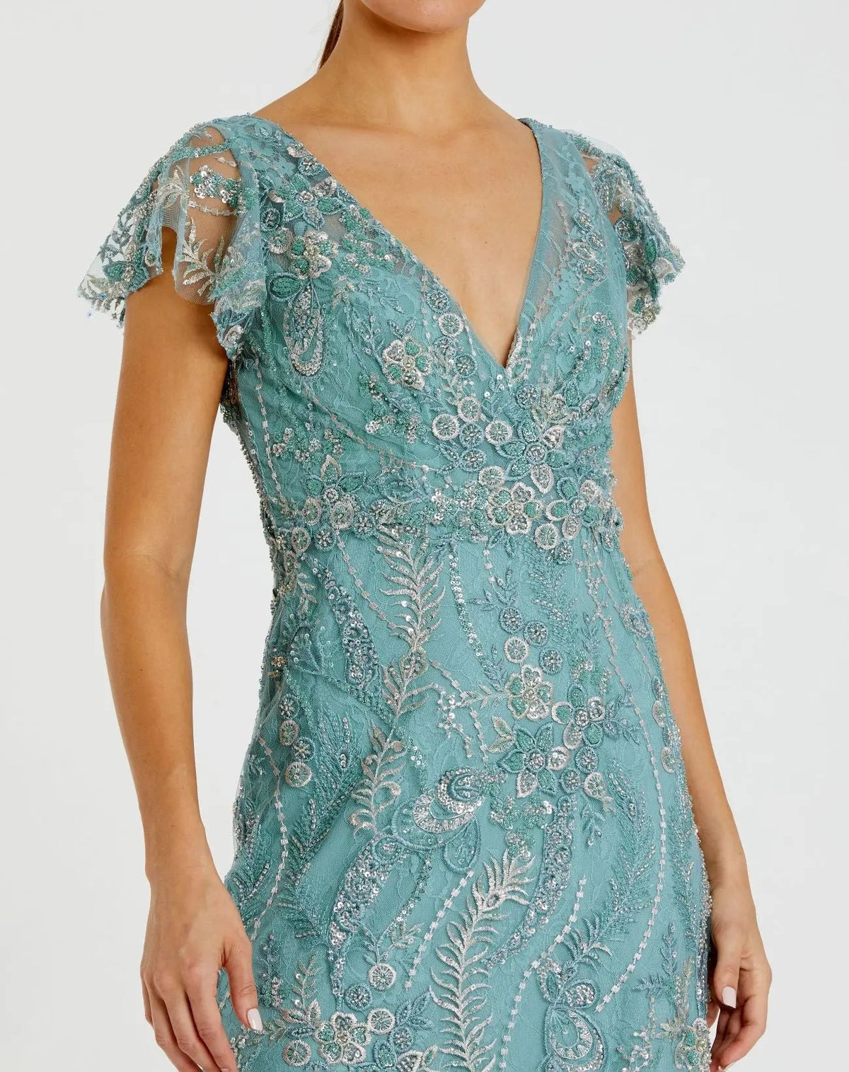 Mac Duggal Petite Blue V-Neck Flutter Sleeve Embroidered Lace Gown