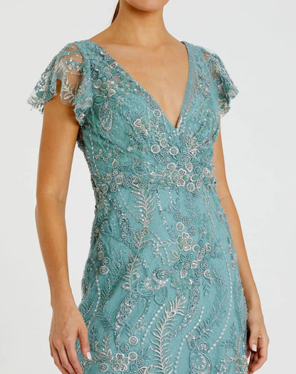 Mac Duggal Petite Blue V-Neck Flutter Sleeve Embroidered Lace Gown