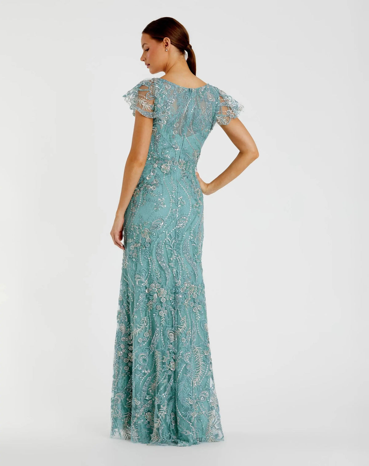 Mac Duggal Petite Blue V-Neck Flutter Sleeve Embroidered Lace Gown