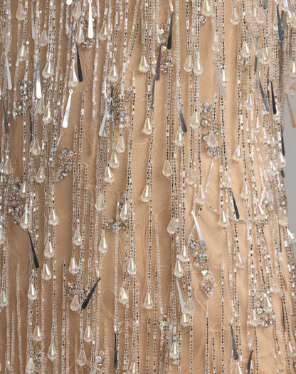 Mac Duggal Nude Beaded Fringe Sleeveless Mini Dress