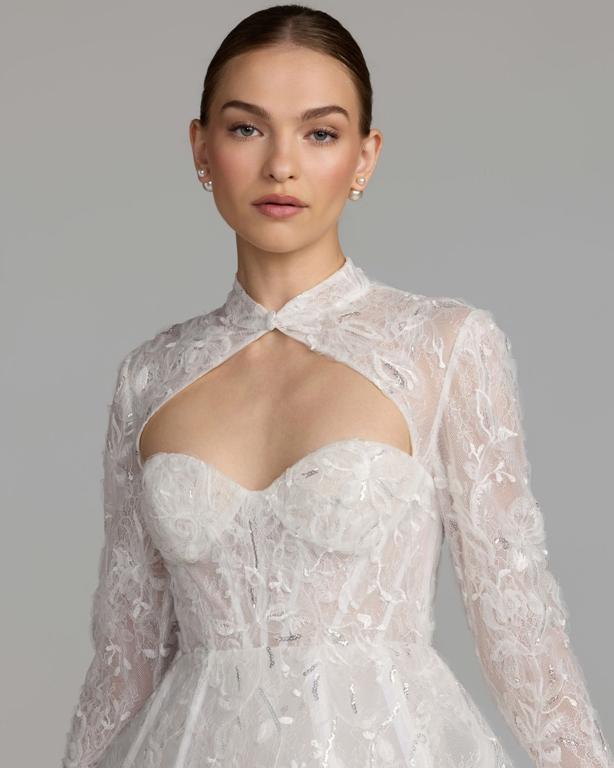 Mac Duggal Lace Long Sleeve Mandarin Collar A Line Mini Dress Duggal