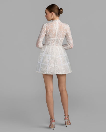 Mac Duggal Lace Long Sleeve Mandarin Collar A Line Mini Dress Duggal