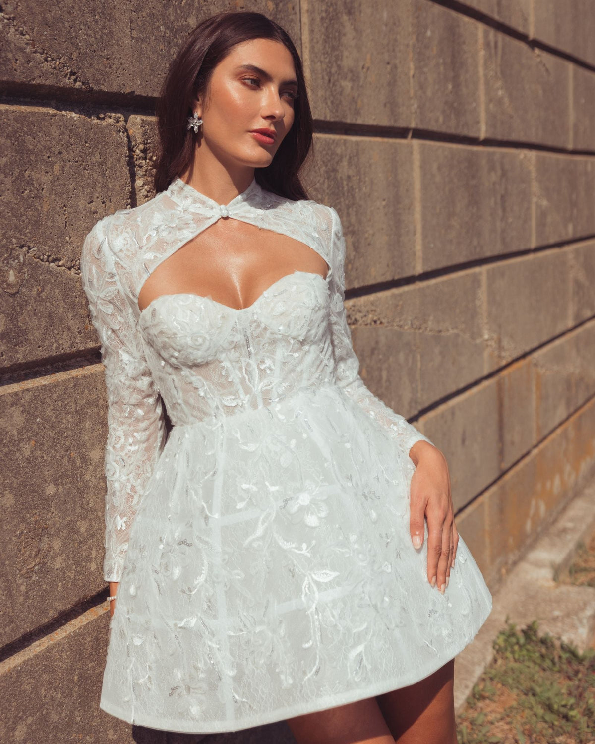 Mac Duggal Lace Long Sleeve Mandarin Collar A Line Mini Dress Duggal