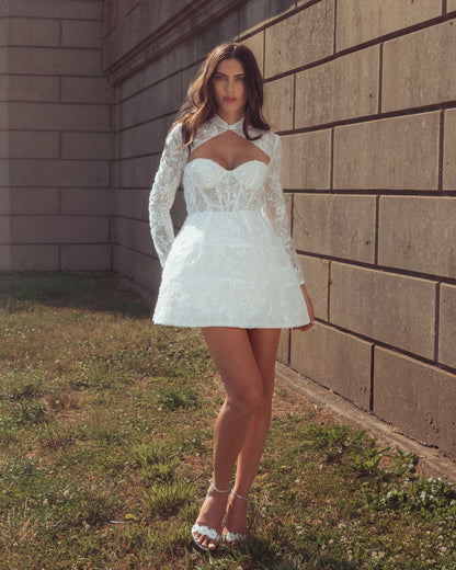 Mac Duggal Lace Long Sleeve Mandarin Collar A Line Mini Dress Duggal