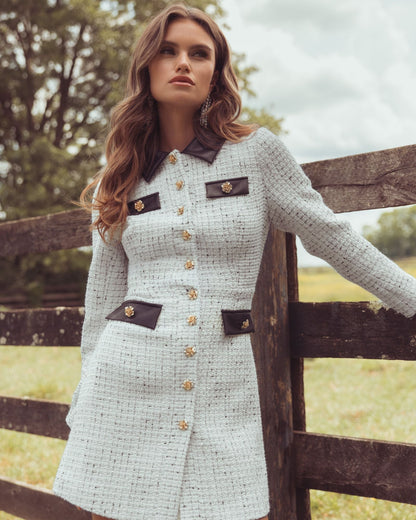 Mac Duggal White Long Sleeve Button Up Collared Mini Dress