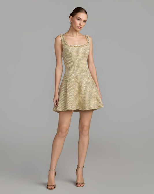 Mac Duggal Gold Boucle Embellished A-Line Mini Dress